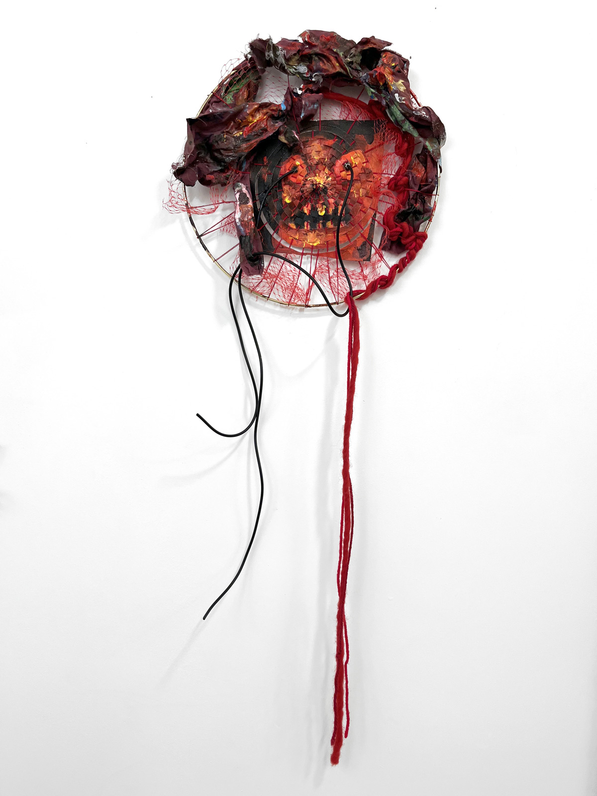 Fury (Raudra), 28 x 10”, acrylic on canvas painting, yarn, thread, rags, paint, plastic tubing, 2023