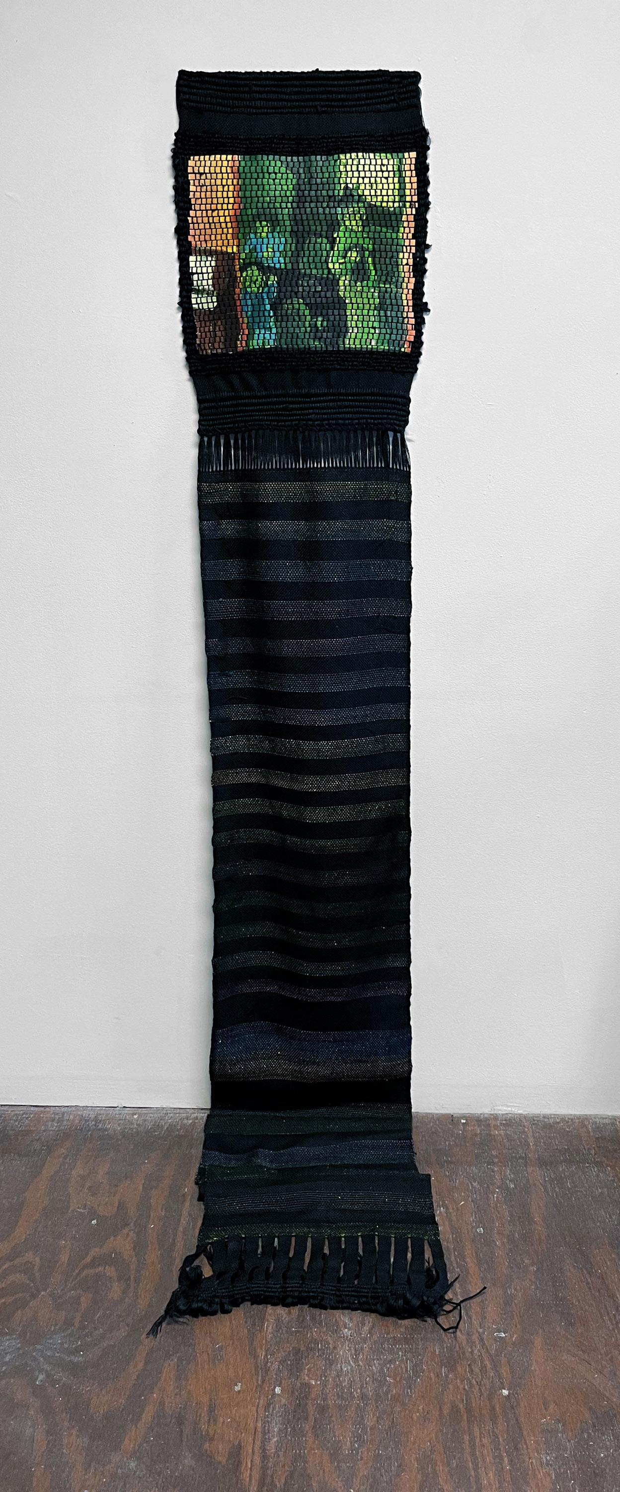 Horror (Bhayanak), 108 x 14”, acrylic on canvas painting handwoven into mixed media textile, 2023