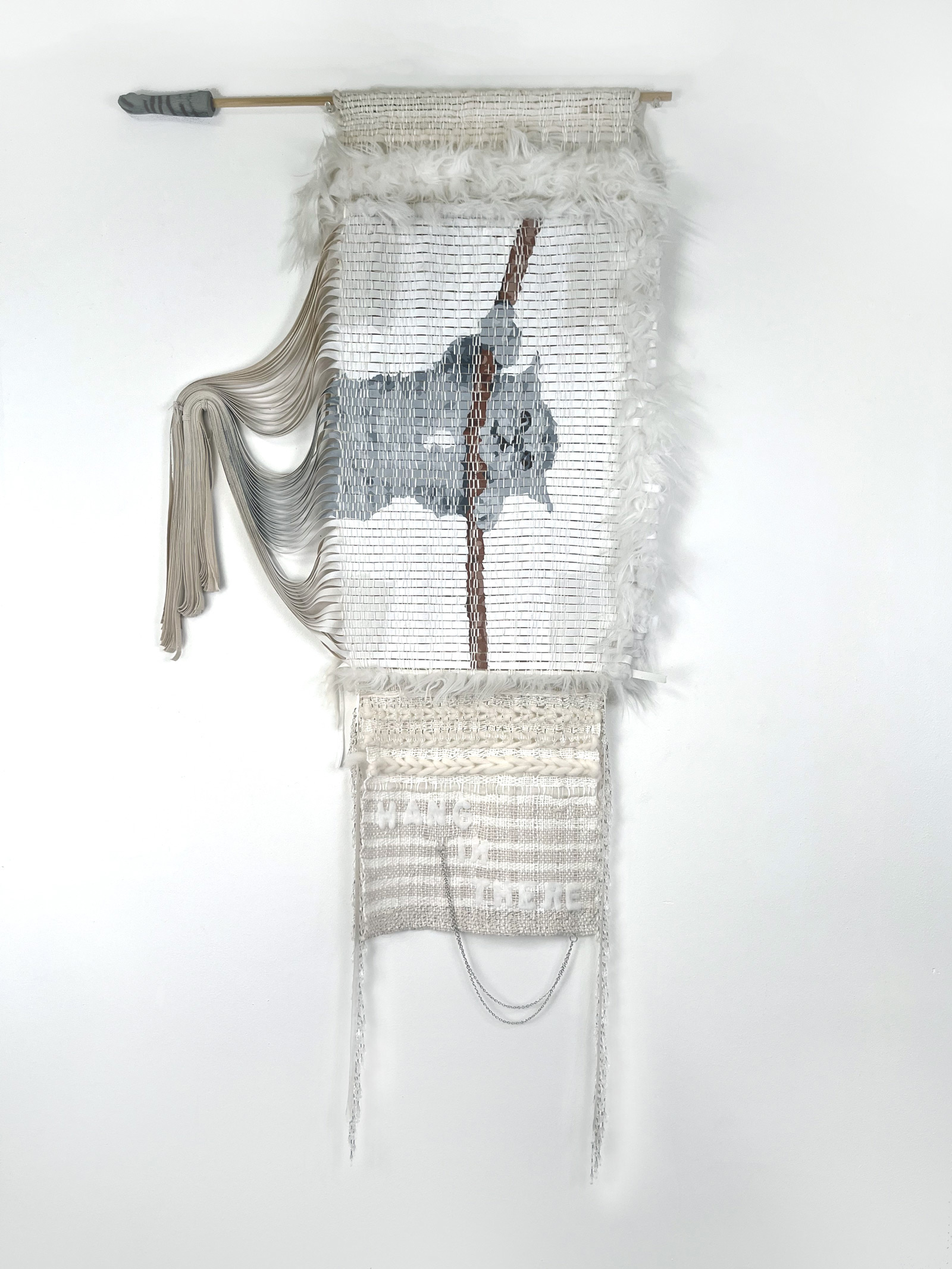 Humor (Hasna), 55 x 28”, acrylic on canvas painting; chenille, cotton tape, cotton, silk, wool, chandelier trim, faux fur, silver chain, faux fur, felt, cat’s paw, 2023